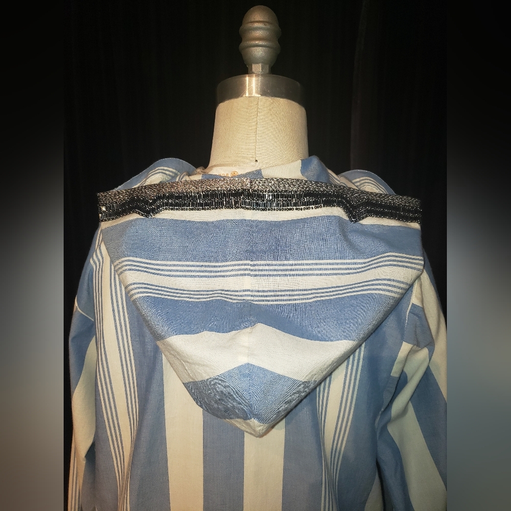 NWT. Tory Burch pinstripe blue white Striped Hood Kaftan sequins embroid   dress - Picture 9 of 16